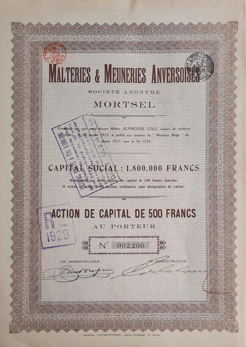 Malteries & Meuneries Anversoises - Mortsel - 1925 - action, Postzegels en Munten, Aandelen en Waardepapieren, Ophalen of Verzenden