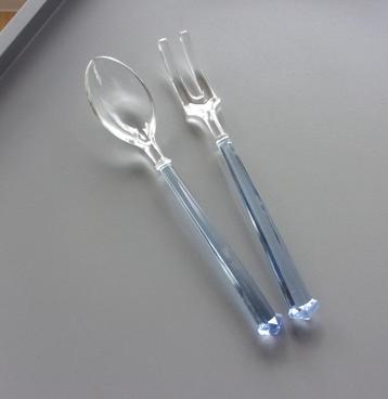 Vintage blauwe kristallen saladebestek lepel en vork beschikbaar voor biedingen