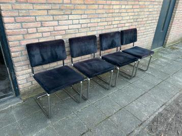 4 Zwarte Ribstof Stoelen met Chrome Buisframe, Huis en Inrichting, Stoelen, Ophalen, Gebruikt, Zwart, Metaal