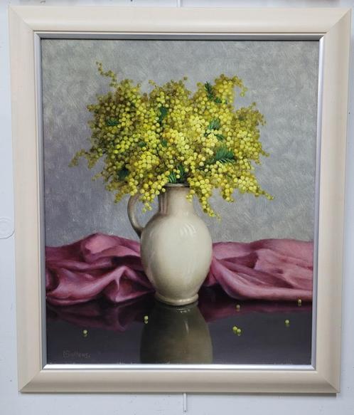 Karel WOLLENS, vaas met mimosa, Antiek en Kunst, Kunst | Schilderijen | Klassiek, Ophalen of Verzenden