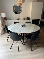 Ronde eettafel - Modern hout met zwarte poot, Ophalen, 150 tot 200 cm, Rond, Zo goed als nieuw