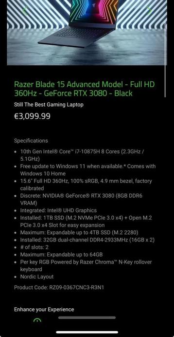 Razer blade 15 advanced model beschikbaar voor biedingen