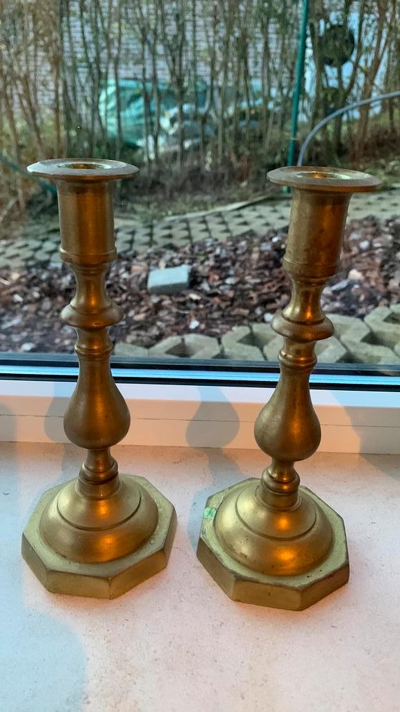 Set antieke/messing kandelaars (2 stuks), Antiek en Kunst, Antiek | Kandelaars, Overige materialen, Ophalen