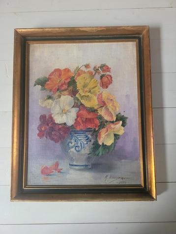 Bloemenschilderij op paneel uit 1904 gesigneerd M. Loiseau  beschikbaar voor biedingen