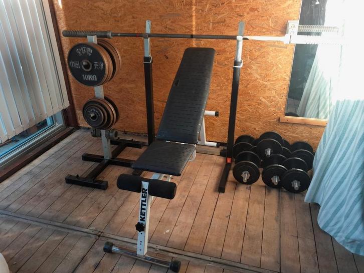 Old skool Olympisch bar met gewichten, Sport en Fitness, Fitnessapparatuur, Zo goed als nieuw, Krachtstation, Armen, Borst, Metaal