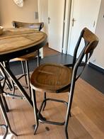 Industriële ronde tafel met 4 barkrukken – hout & metaal, Huis en Inrichting, Barkrukken, 5 krukken of meer, In hoogte verstelbaar