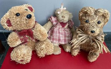 Set van 3 Teddy beren (Pluche en Stro) beschikbaar voor biedingen