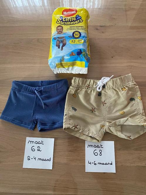 BABY ZWEMBROEKJES + PAMPERS, Kinderen en Baby's, Babykleding | Baby-zwemkleding, Zo goed als nieuw, Zwembroek, Maat 62, Ophalen