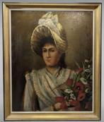 Antiek schilderij op doek-Jonge vrouw met hoed en bloemenboe, Ophalen of Verzenden