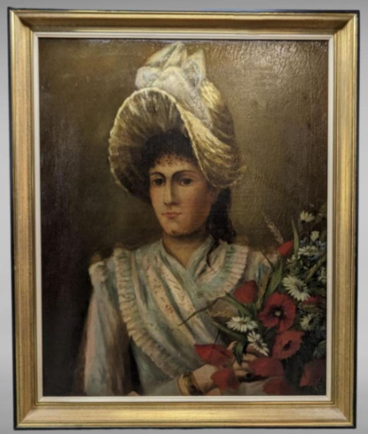 Antiek schilderij op doek-Jonge vrouw met hoed en bloemenboe, Antiek en Kunst, Kunst | Schilderijen | Klassiek, Ophalen of Verzenden