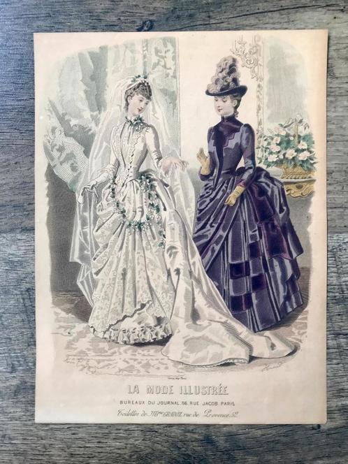 gravure de mode antique La Mode Illustrée ca 1880-85 mariée, Antiquités & Art, Art | Eaux-fortes & Gravures, Envoi