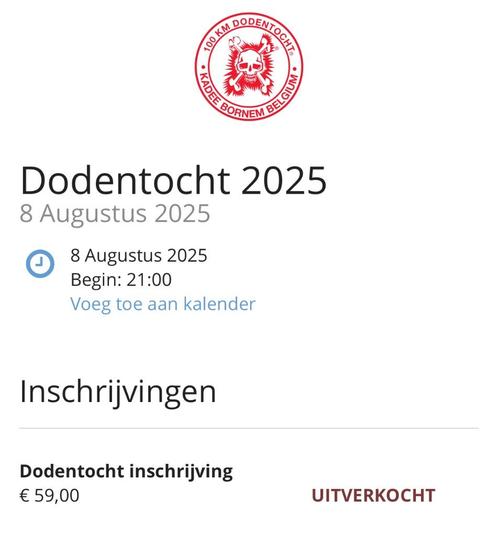 Dodentocht 2025 tickets 2st, Tickets en Kaartjes, Sport | Overige, Twee personen, Augustus