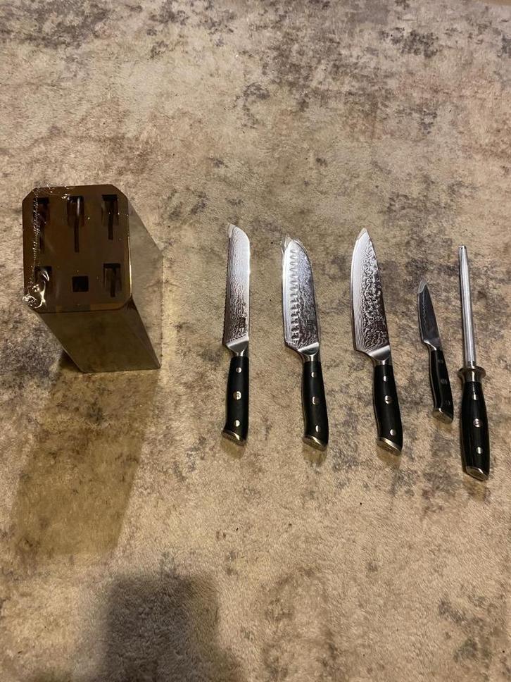 SHAN ZU Damascus keukenmessenblok, 5 stuks, Huis en Inrichting, Keuken | Bestek, Zo goed als nieuw, Hout, Ophalen of Verzenden