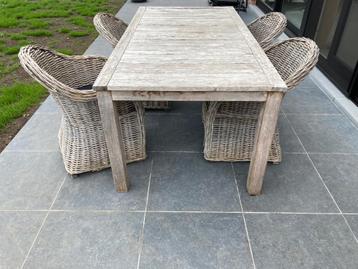 Landelijke rotan/teak tuinset, Ophalen, 4 zitplaatsen, Gebruikt, Rotan