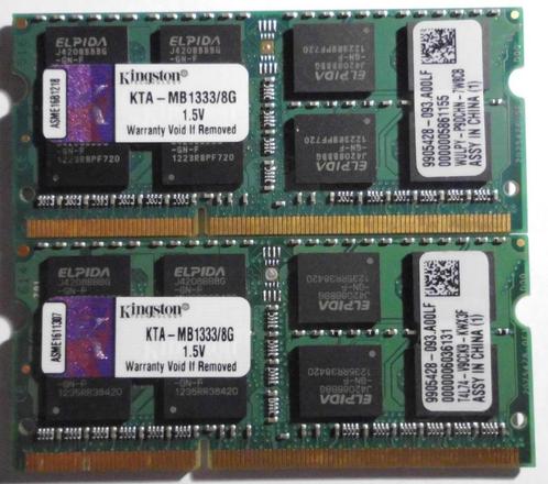 Kit 2 x 8  Gb DDR3 à 1333 Mhz, Informatique & Logiciels, Mémoire RAM, Laptop, 16 GB, DDR3, Enlèvement ou Envoi