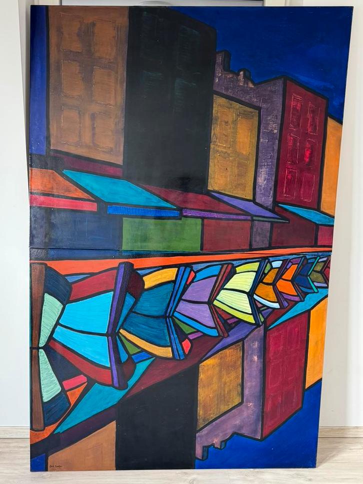 Tweedelig schilderij ‘Reflectie op het water’, Antiek en Kunst, Kunst | Schilderijen | Abstract, Ophalen