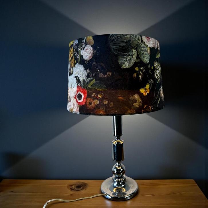 Vintage chromen tafellamp / lampadaire met gebloemde kap, Antiek en Kunst, Antiek | Verlichting, Ophalen of Verzenden