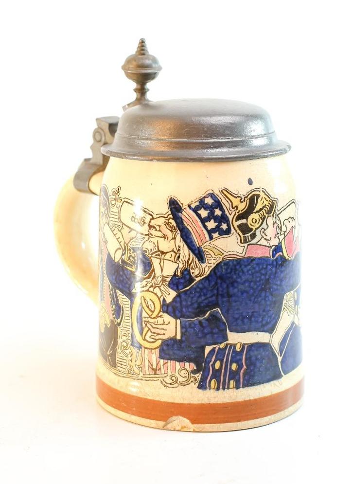 militaria: bier stein met tinnen deksel, Verzamelen, Militaria | Algemeen, Landmacht, Overige typen, Ophalen of Verzenden