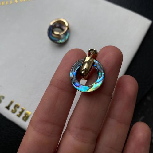 Oorbellen natuurlijke schelp abalone verguld met goud 14K, Handtassen en Accessoires, Oorbellen, Nieuw, Hangers, Blauw, Ophalen of Verzenden