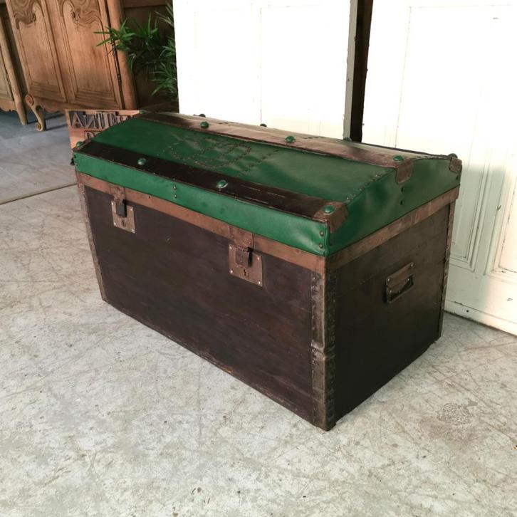 Grote antieke koffer met groen leer B 91cm D 50cm H 55cm, Antiek en Kunst, Curiosa en Brocante, Ophalen