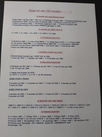 Lot van 153 munten voor 35€ beschikbaar voor biedingen