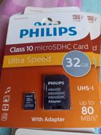 micro SD-geheugenkaart met officiële Philips class10 /32Gb+, Audio, Tv en Foto, Foto | Geheugenkaarten, MicroSDHC, Philips, 32 GB