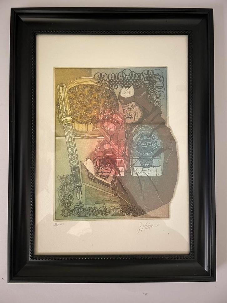 Gesigneerde prent H. Eller, schrijvende figuur, 32/100., Antiek en Kunst, Kunst | Litho's en Zeefdrukken, Ophalen of Verzenden