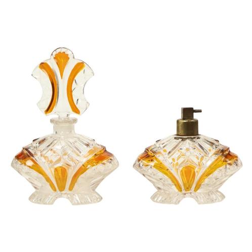 Art Deco Stijl Amberkleur Parfum Toiletset Boudoir Bleikrist, Antiek en Kunst, Antiek | Glaswerk en Kristal, Ophalen of Verzenden