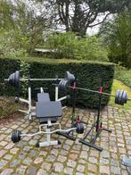 Bench press + squat stands, 100kg,..., Sport en Fitness, Gebruikt, Fitnessbank, Rug, Ophalen