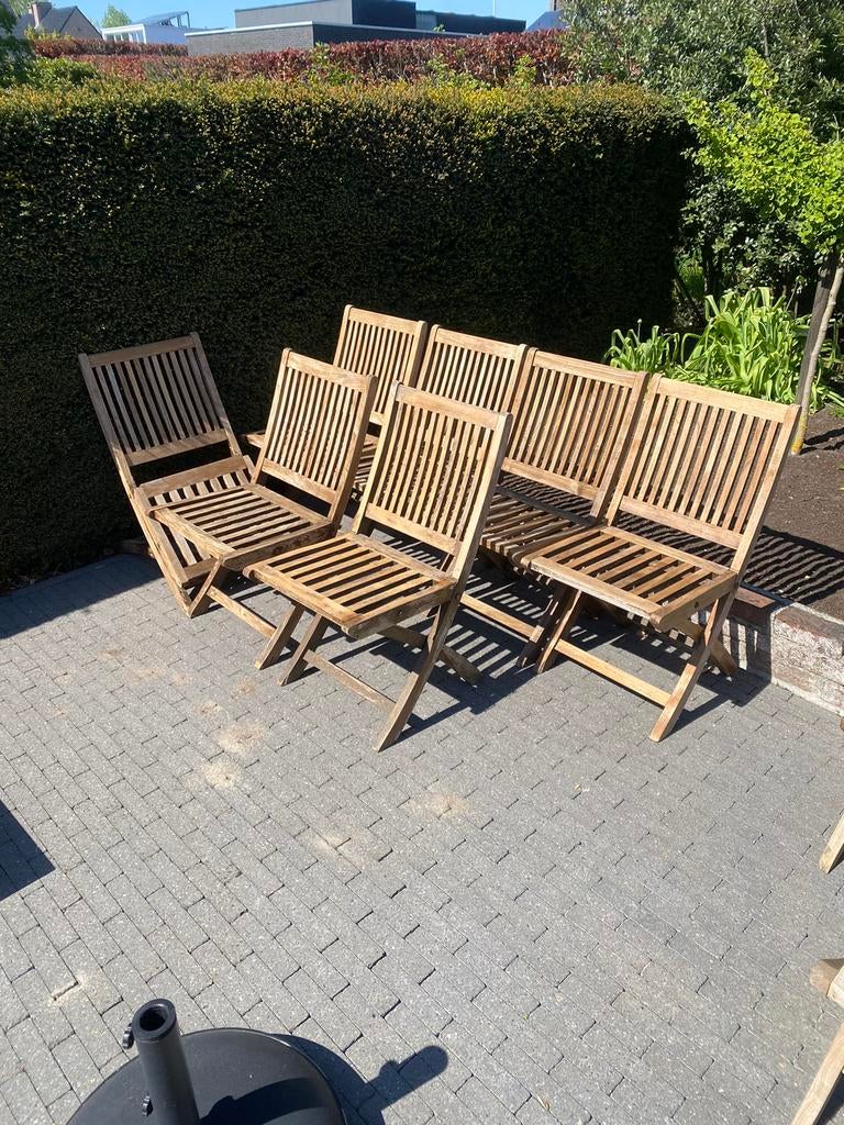 7 chaises de jardin pliables en teck, Jardin & Terrasse, Chaises de jardin, Utilisé, Bois, Pliant, Enlèvement