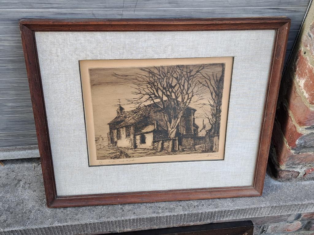 eau forte heigne vieille chapelle signe fernand thon, Antiek en Kunst, Kunst | Etsen en Gravures, Ophalen of Verzenden