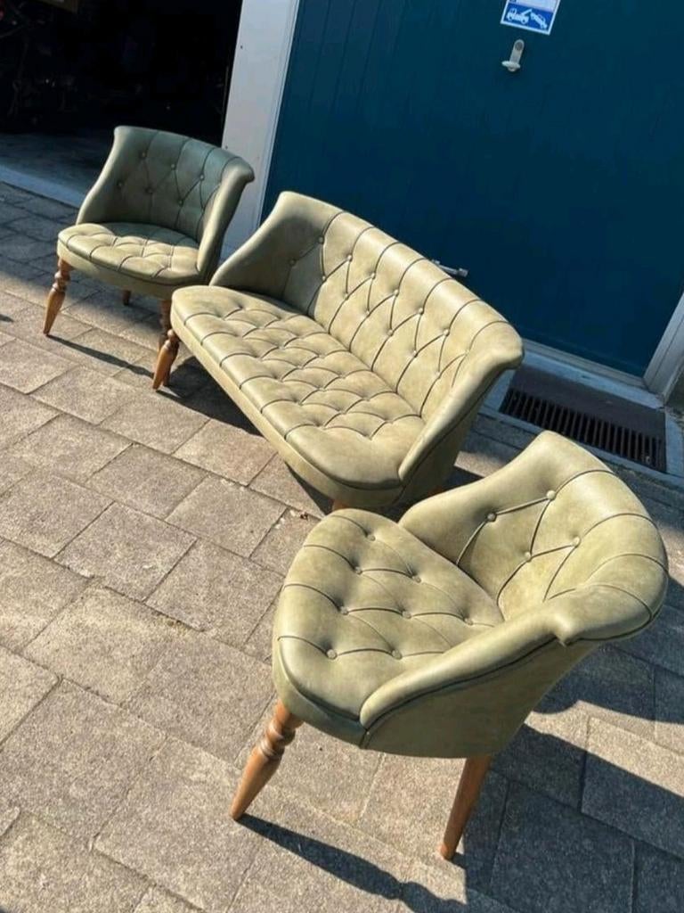 Vintage olijfgroene salonset: 2 fauteuils + 2-zit, Ophalen