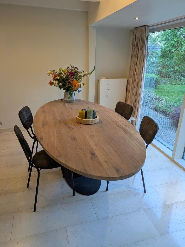 Set van 4 donkergroene eetkamerstoelen met zwarte poten, Maison & Meubles, Chaises, Tissus, Autres couleurs, Comme neuf, Enlèvement