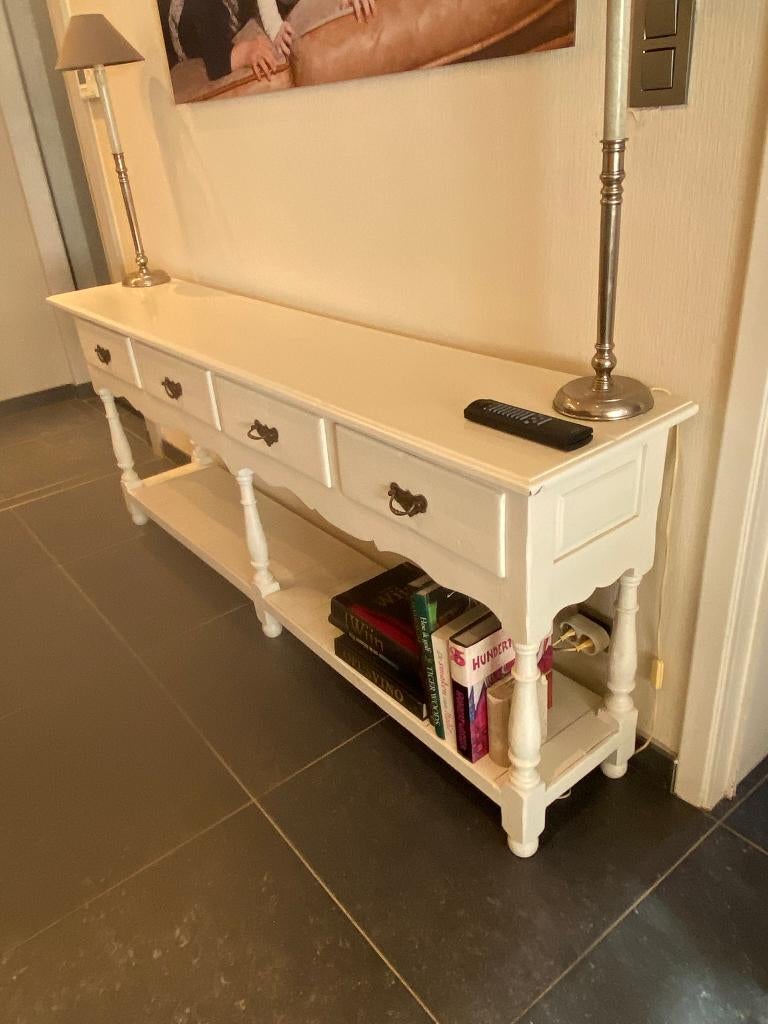 Lange brocante sidetable / consoletafel met 4 laden – €135, Ophalen, Gebruikt, Antiek - brocante, 150 tot 200 cm