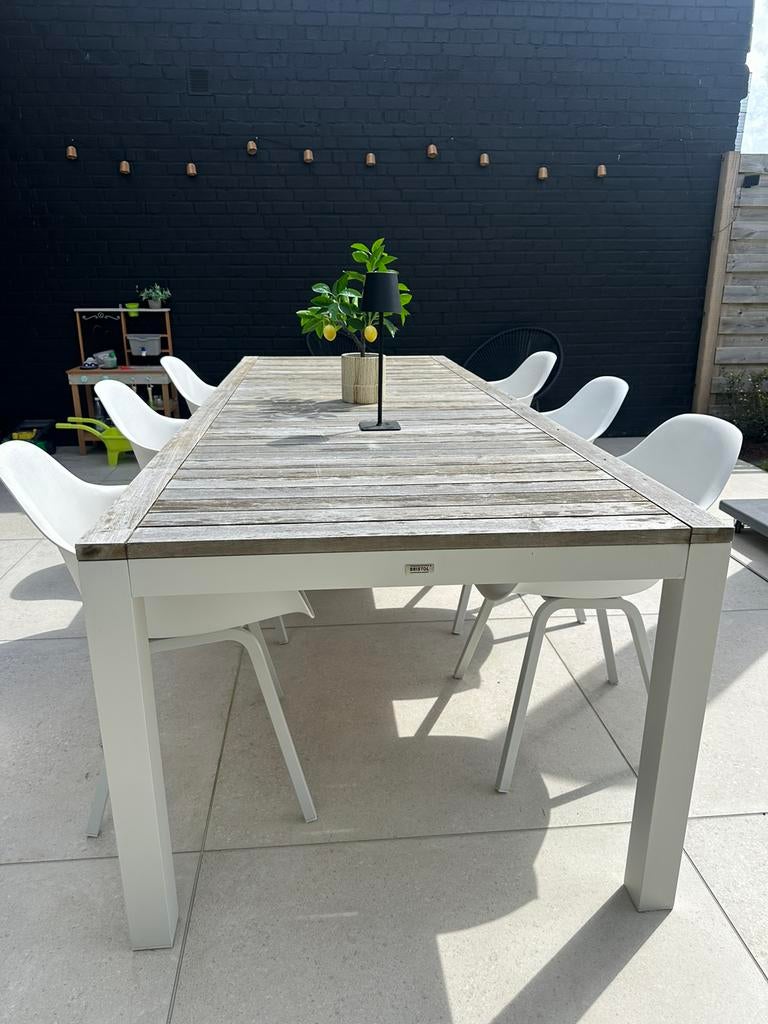 Tuintafel met 8 stoelen en kussens, Tuin en Terras, Tuintafels, Ophalen, Gebruikt, Rechthoekig, Teakhout