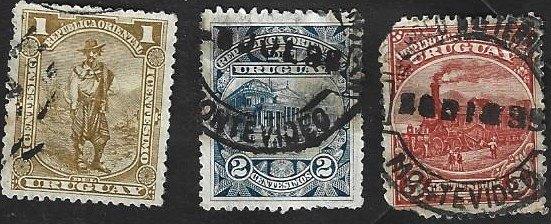 3 Postzegel Uruguay 1895 Diverse onderwerpen, Ophalen of Verzenden, Gestempeld, Zuid-Amerika