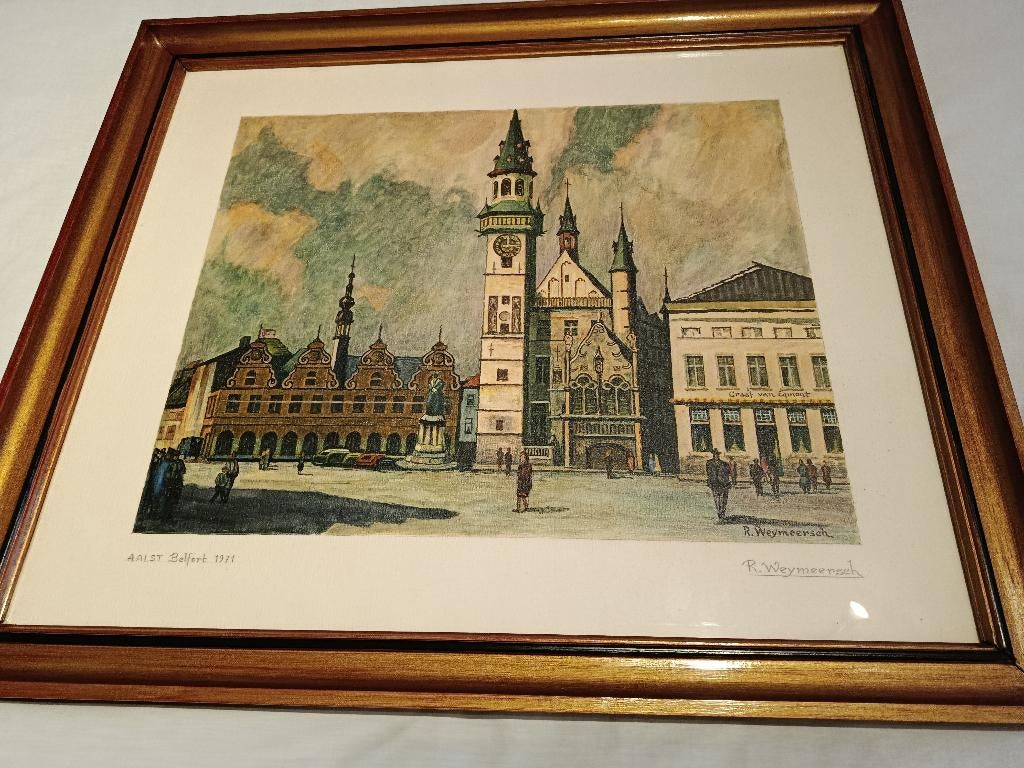Zeer mooi ingekleurd stadszicht Belfort,zwarte man Aalst.., Antiek en Kunst, Ophalen