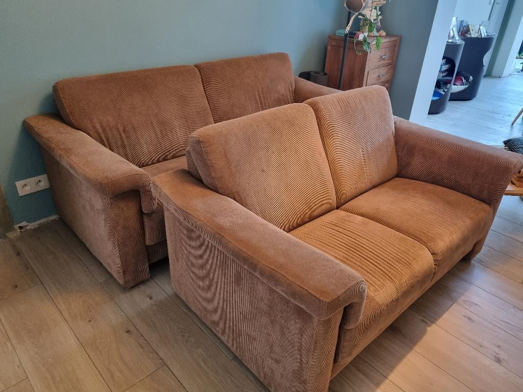 2 bruine ribfluwelen zetels, Huis en Inrichting, Zetels | Zetels, Ophalen, Klassiek, 150 tot 200 cm, Driepersoons