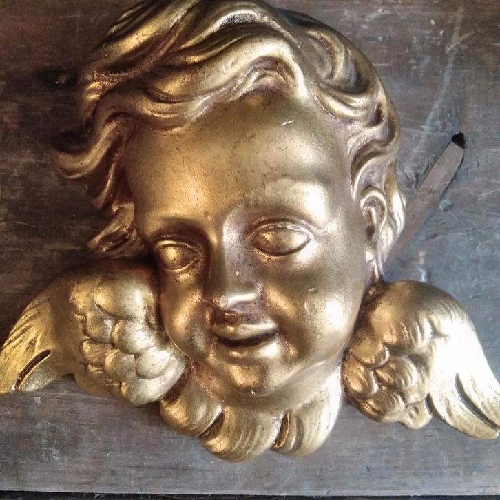 Antieke gipsen cherubijn engeltje muurdecoratie in gips, Antiek en Kunst, Curiosa en Brocante, Ophalen of Verzenden