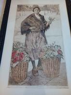gesigneerde ets Henri Geertsen , bloemenmeisje, Ophalen of Verzenden