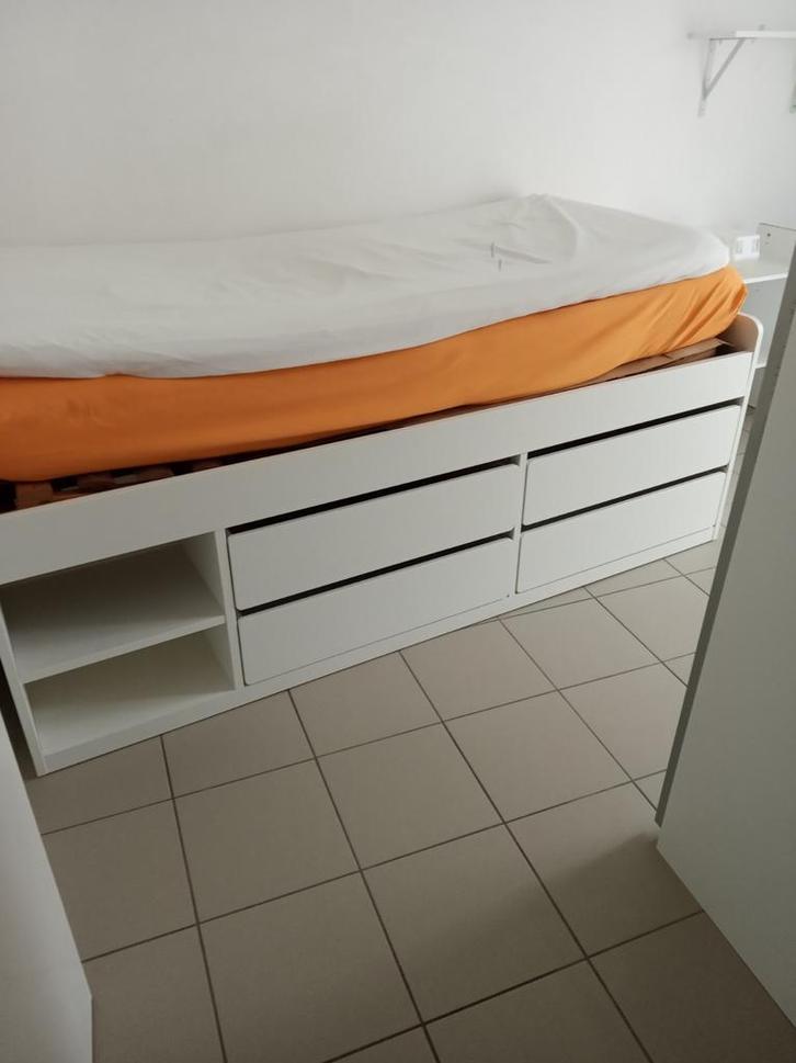 Lit avec rangement, sommier modulable, matelas et surmatelas, Huis en Inrichting, Slaapkamer | Bedden, Zo goed als nieuw, Eenpersoons