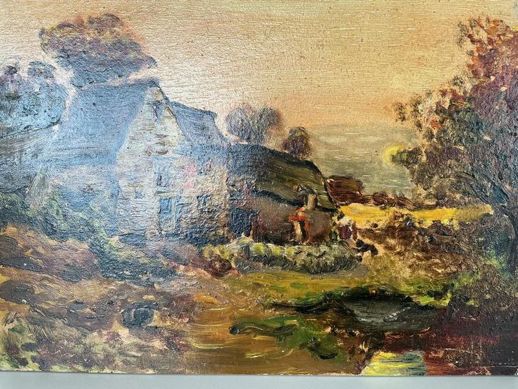 Landelijk tafereel gesigneerd met R Coorevits, Antiek en Kunst, Kunst | Schilderijen | Klassiek, Ophalen of Verzenden