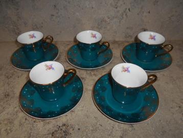 5 tasses à café en porcelaine avec soucoupe - Estampillées, Enlèvement ou Envoi, Comme neuf, Porcelaine, Tasse et/ou soucoupe