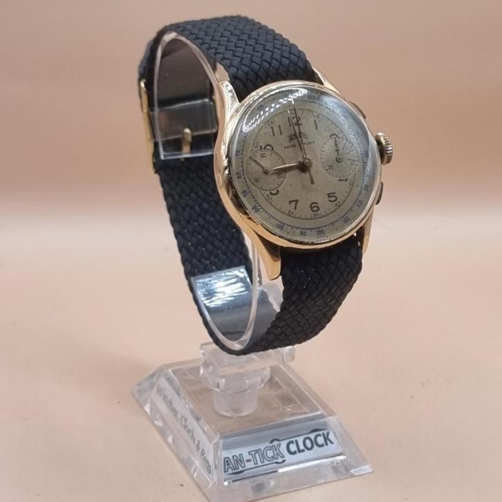 Egona chronograaf horloge in 18 karaat goud, Antiek en Kunst, Antiek | Zilver en Goud, Goud, Verzenden