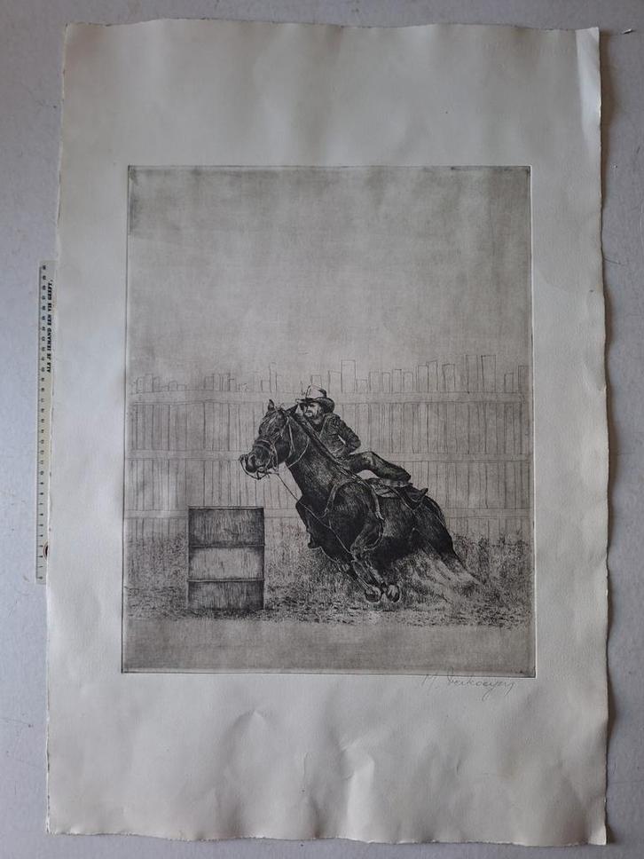 Fraaie ets van M. Verkoeyen Ruiter en paard voor schutting, Antiek en Kunst, Kunst | Etsen en Gravures, Ophalen