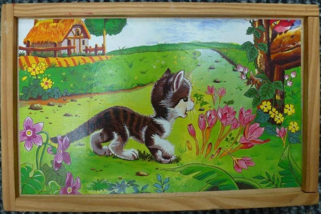 Puzzle en bois avec affiches 15 cubes dans une boîte en bois, Enlèvement ou Envoi, Utilisé, Autres types