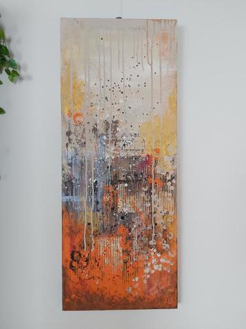 Abstract schilderij 'Orange sparkles' 40x100 cm beschikbaar voor biedingen