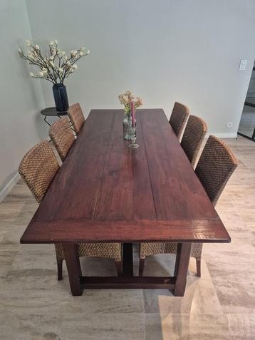 Kersenhouten eettafel met 6 rotan stoelen, Enlèvement, Utilisé, 4 à 6 chaises