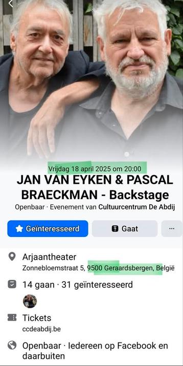 2 tickets Backstage J. Van eyken en P. Braeckman, Tickets & Billets