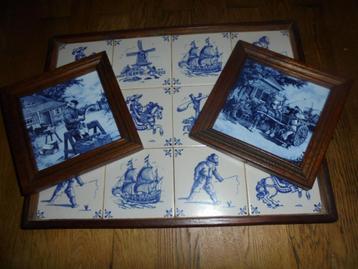 Dienblad en 2 schilderijtjes / Delfts blauw ( met hout )  beschikbaar voor biedingen